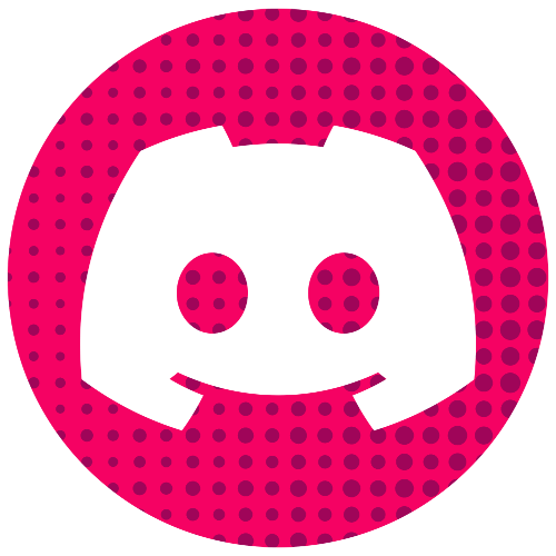 A pink and purple polka-dotted circular icon resembling a stylized smiling face with two large eyes and a curved mouth, representing the Discord logo, set against a transparent background.