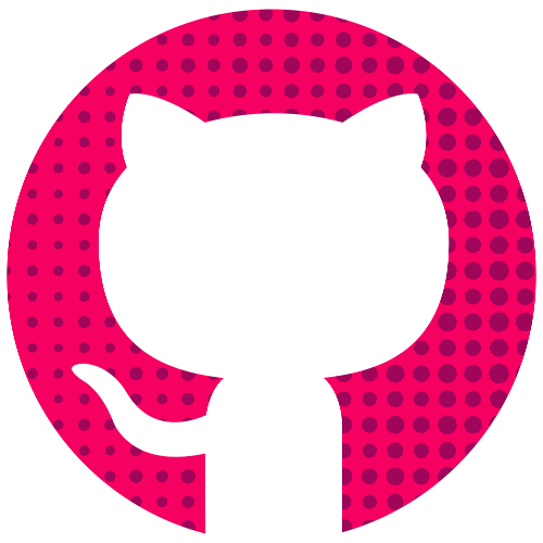 A pink and purple polka-dotted circular icon resembling the silhouette of a cat with pointed ears and a curved tail, representing the GitHub logo, set against a transparent background.