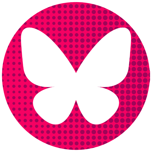 A pink and purple polka-dotted circular icon featuring a stylized butterfly within a rounded square, representing the BlueSky logo, set against a transparent background.